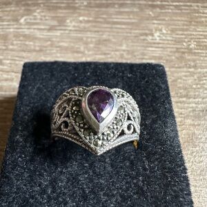 HAN Thailand Sterling Silver Ring Pear-shaped Amethyst Stone Marcasite Size 7.75